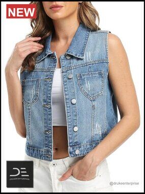 Cropped Denim Vest Sleeveless Jean Jacket with Chest Pockets